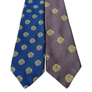 (2) VTG ASTM Logo Neck Tie Golden Clasp Prince Consort Tie Navy Blue Brown